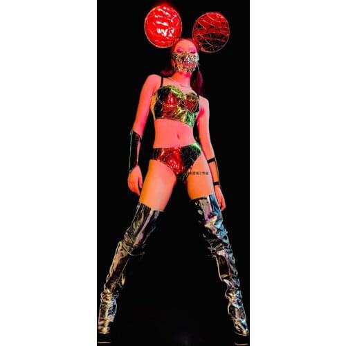 Nightclub Female Singer Stage Performance Laser Mirror Bikini Suit Women Jazz Hip Hop Pole Dance Clothing Rave Outfits DWY6249