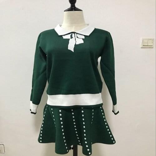Women Sweater Pullovers Dots Skirts 2PCS Suits Knitted Print Bow Turn-down Collar Long Sleeve Woman Casual Sweaters Skirt Sets