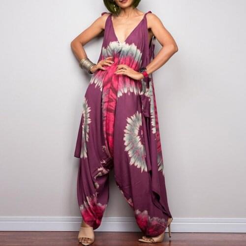 Retro Pattern Print Straps Jumpsuit 2021 Spring Wide Leg Pants Loose Women Rompers Summer Off Shoulder Sleeveless Beach Overalls