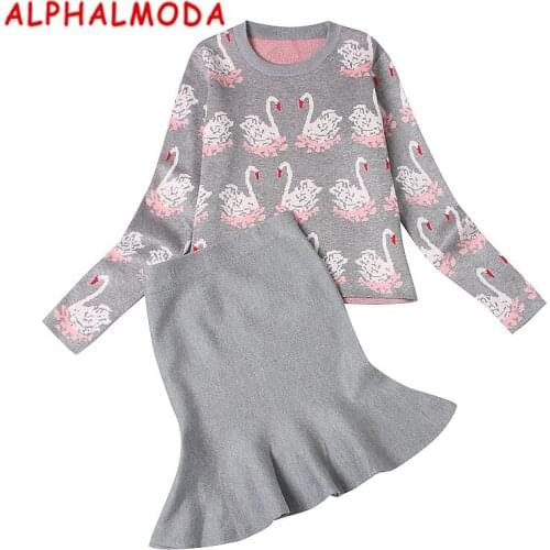 [ALPHALMODA] 2017 Winter Womens Knitting Pattern Sweater and Skirts 2pcs Sets Brand Design Popular Pattern Clothing Sets