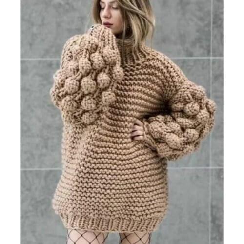 Lazy handmade knitted Pullover 3D Flower Hook Sweater Coarse wool Women Half turtleneck Rough wool 3D Yarn Balls Lantern Sleeved