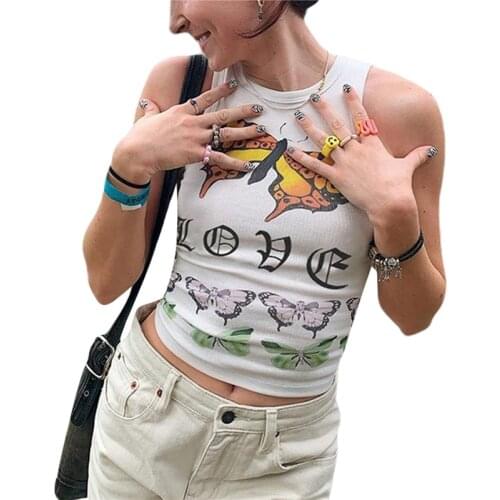 Xingqing Women Round Neck Vest Fashion Butterfly Printing Exposed Navel Sleeveless Tops Casual Tee Shirt Y2K Streetwear Shirt