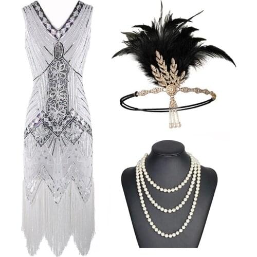 Vintager Plus Size S1920s Gastby Allover Sequined Mesh Art Nouveau Embellished Fringed Flapper Dress Black/Green/White/Gold