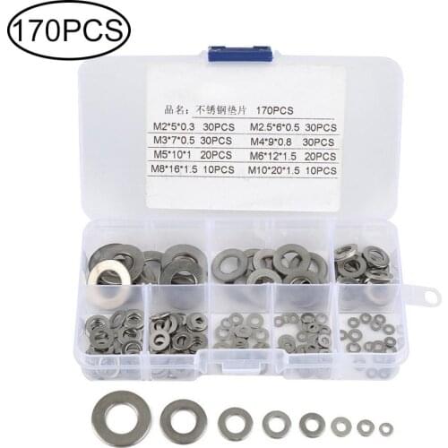 170Pcs Flat Washer M2 M2.5 M3 M4 M5 M6 M8 M10 304 Stainless Steel Plain Washer Gaskets Screw Fastener Hardware Assortment Kit
