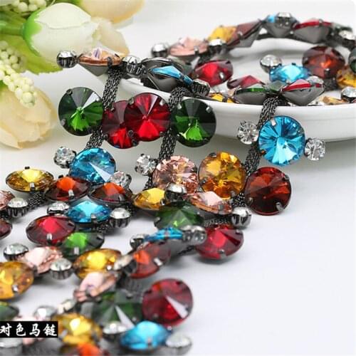 1Yd Gold Tone/ Gunblack Tone Sew-on Flower Rhinestone Chain Wedding Costume Trims Neckline Skirt Headdress Hair Acc. RT0058
