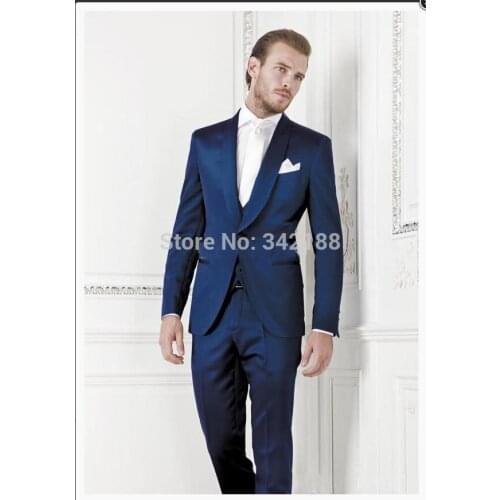 2015 FREE shipping/ One Button Blue Groom Tuxedos Shawl Lapel Best Man Groomsman Men Wedding Suits Bridegroom (Jacket+Pants+Vest