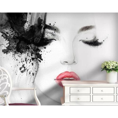 Customize wallpaper 3d stereoscopic Black and white red lips watercolor beauty Wall Background 3D Photo Wallpaper Home Decor