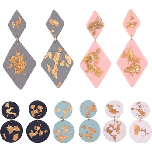 6 Colors Big Long Rhombic Round Geometric Earrings Handmade Gold Foil Polymer Clay Drop Earrings for Women Gift Party Jewelry