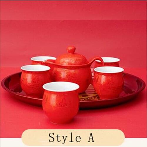 7 Pieces Dragon and Phoenix Xi Zi China Tea Set Teaware ,Tea Service Set for Adults,Red Wedding Porcelain Tea Set with Tea Tray