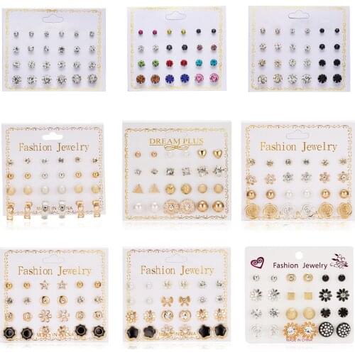 AliExpress Popular New Style Paper Card Zircon Earring Versitile 12 Pairs Pearl Flower Bow Card Earrings Female