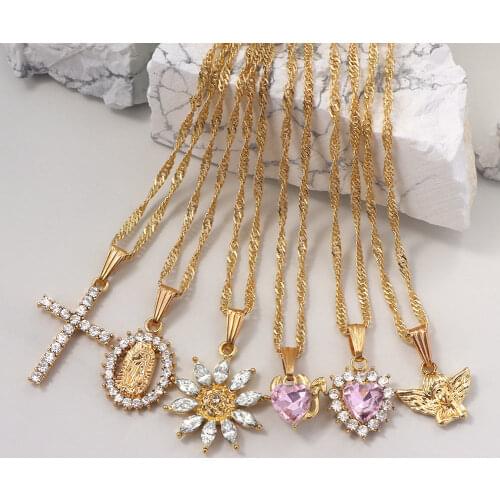 JUST FEEL Fashion Multi-layered Heart Crystal Pendant Necklace for Women Boho Gold Angel Cross Portrait Choker Necklaces Jewelry