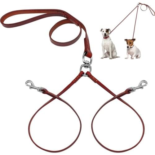2 Way Real Leather Coupler Dog Walking Leash Dual No Tangle Lead For 2 Dogs Good For Small Medium Breeds Brown