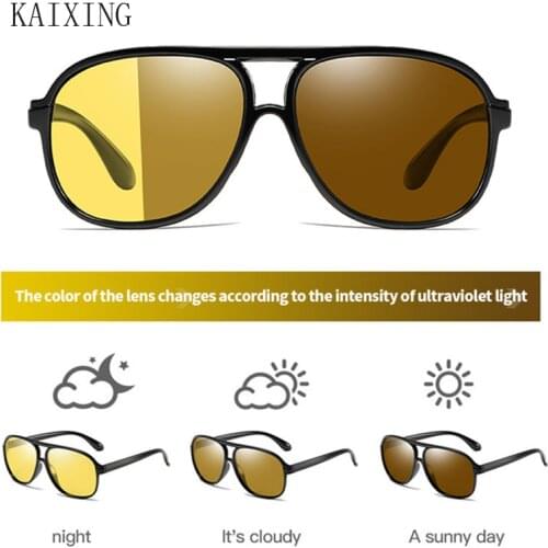 KAIXING 2021 Fashion Photochromic Night Vision Glasses Men Women Square Yellow Lens Chameleon Polarized Sunglasses for Driving