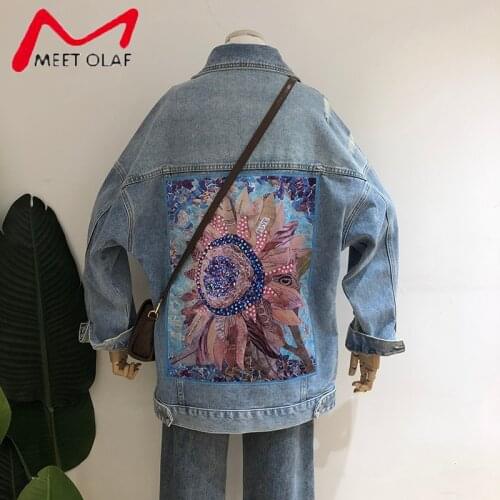 Fashion Streetwear Print Denim Jacket Women Loose Coat Diamonds Hole BF Jeans Female Spring Autumn Casual Cowboy Outwear