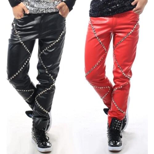 Stage personality men leather pants rivet harem pant men feet pu trousers singer dance rock fashion pantalon homme street red