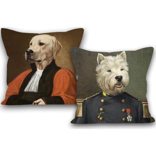 Dogs in Military Uniform Oil Paintings Cushion Covers European Retro Elegant Dog Posters Decorative Pillow Case 45X45cm