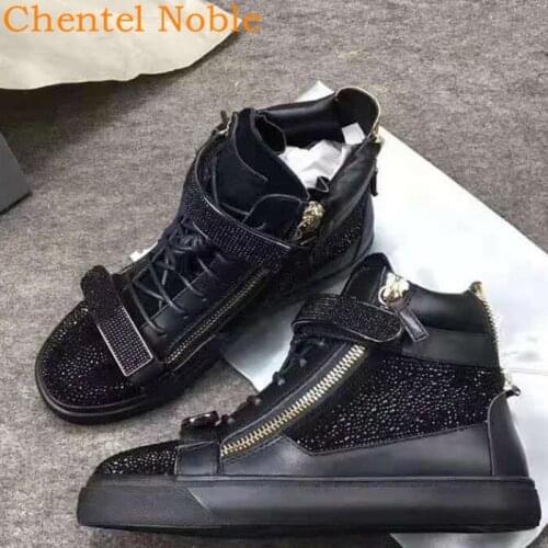 Newest Chentel Manual Gentleman Bling Crystal Fashion Mens 2020 Dress Shoes Zipper Lace-Up Flats Mens Shoes Black Big Size