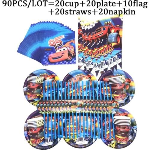 Disney Blaze And Machines Car Theme Disposable Cup Plate Straws Flags Napkin Boys Favors Blaze Cars Birthday Party Supplies Set