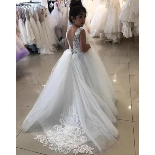 White Ivory Flower Girl Dresses For Weddings Lace Appliqued Sleeveless Girls Pageant Dress For Wedding Prom Kid Communion Gowns