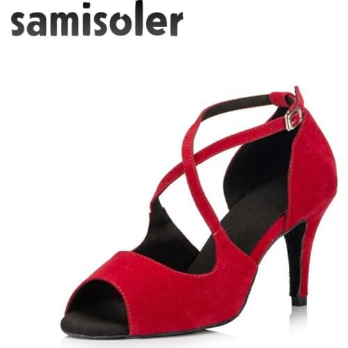 Samisoler Red/Black New Cloth Collocation Shine Ribbons Ballroom Fashion Dance Women Latin Dance Competition Shoes