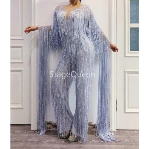 Sexy Silver Gray Fringe Rhinestones Jumpsuit Birthday Celebrate Tassel Bodysuit Stage Dance Leggings Women Singer Dancer Outfit