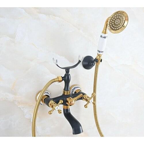 Oil Rubbed & Gold Brass Two Handle Wall Mounted Bathroom Bath Tub Faucet Set with 150CM Hand Held Shower Spray Mixer Tap 2na525