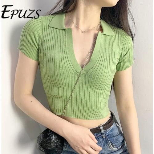 Summer white green polo shirts women korean ladies top Sexy v neck short sleeve knitted t shirts vintage women tshirts 2020