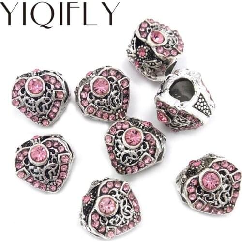 YIQIFLY Free shipping 2017 new 20pcs 12mm heart shape pink and blue rhinestone big hole alloy beads fit European bracelet DIY