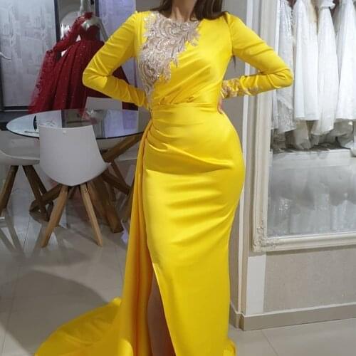 SuperKimJo Yellow Evening Dresses Long Sleeve Vestidos Elegantes Para Mujer Sequin Applique Mermaid Modest Formal Party Dresses