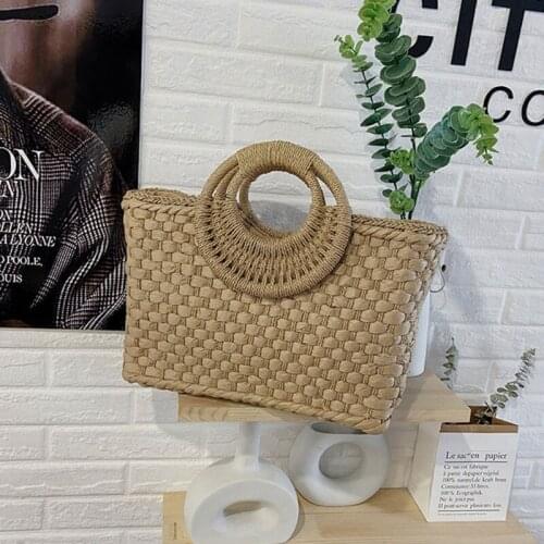Boho Women Summer Beach Woven Straw Handbag with Top Handle Zip Tote Bag Basket