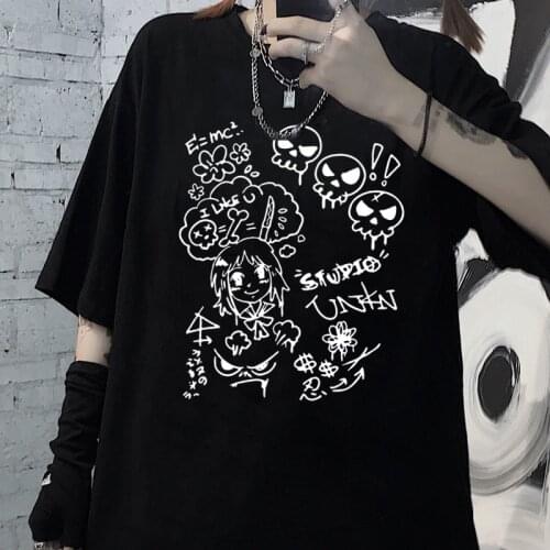 Women T-Shirts Punk Gothic Anime Cartoon Print Clothes Loose Short Sleeve Streetwear Y2K Harajuku Black Vintage Dropshipping Top