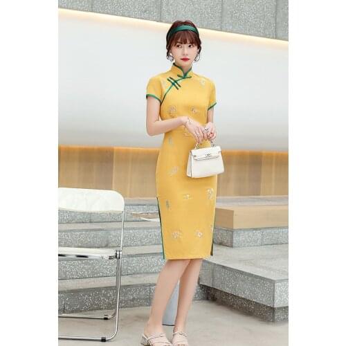 Chinese National Cheongsam Embroidery Cotton Dress Handmade Button Vintage Women Dresses Sexy Pink Qipao