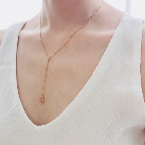 LAMOON 925 Sterling Silver Necklace For Women Natutal White Crystal Rhombus Cut Long Pendant Neckalce 14K Gold Plated LMNI079