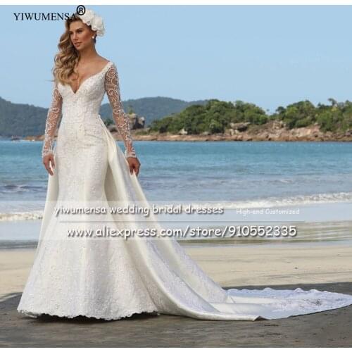 Luxury Crystals Beaded Illusion Long Sleeves Trumpet Wedding Gowns With Detachable Train Open Back Mermaid Bridal Dress A332