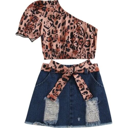2021 1-6Y Summer Kids Girl Clothing Fashion Leopard One-shoulder Puff Short Sleeve T-shirt+Ripped Denim A-line Short Skirt 2pcs