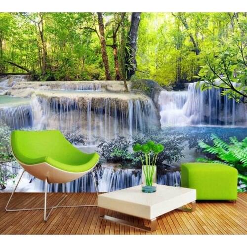 Free Shipping 3D Landscape Scenery Water Waterfall TV Background Wall Forest Stream Long Flow Living Room Wallpaper