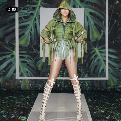 Bodysuit Set two piece Sexy Green Military Uniform Costume Spandex Leotard Jacket Nightclub Outfit Womens Singer Dance bodycon