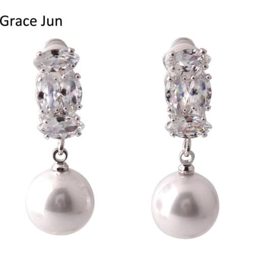 Grace Jun New Design AAA CZ with Simulated Pearl Clip on Earrings Without Piercing for Women Party Wedding Needn't Ear Hole