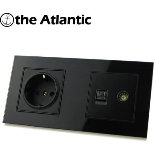 DE EU Power Socket With RJ45 Cat5e Data Female Jack TV Signal 2 Gang Double Socket Russia Spain Outlet Black Tempered Glass