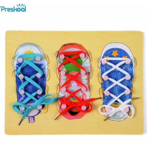 Montessori Kids Toy Baby Wood Tie Me Lacing ShoeLearning Educational Preschool Training Brinquedos Juguets