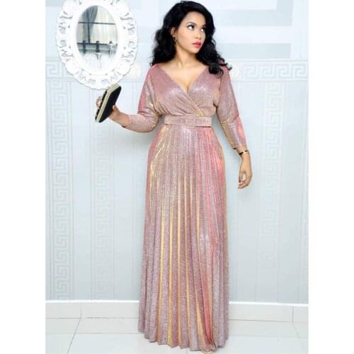 Pink African Womens Christmas Hot Stamping Powder Temperament Womens V-neck Swing Dress plus size dress Fluorescent Dresses