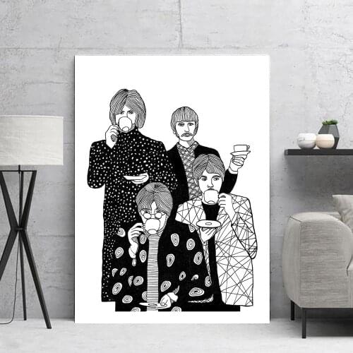 Art Canvas Painting Modern Black White Four Man Abstract Drinking Tea Posters And Prints Wall Pictures For Living Room Decor