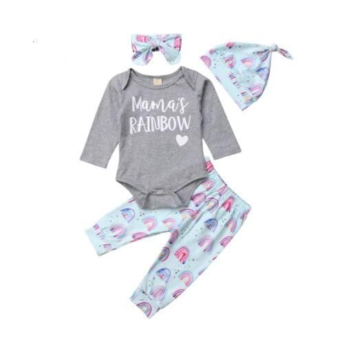 4pcs Newborn Baby Kid Girls Tops Romper Pants Rainbow Cotton Outfits Set Clothes Size 0-18M