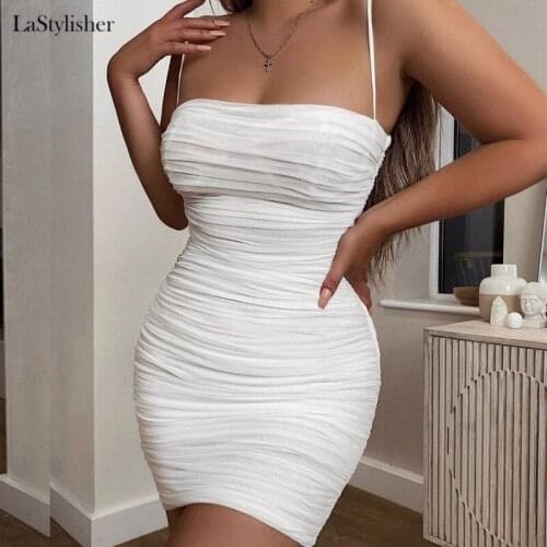 LaStylisher Spaghetti Strap Sexy Backless Women Summer Dress 2019 Strapless Bodycon Bandage Party Dresses Club Mini Mesh Dress
