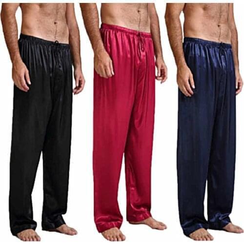 Men Casual Loose Satin Silk Pajamas Sleepwear Nightgown Pyjamas Long Pants Sleep Bottoms Summer