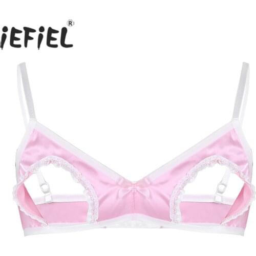 Mens Sissy Lingerie Tanks Smooth Open Bra Sexy Gay Male Vest Spaghetti Straps Hollow Out Nipples Wire-free No Padded Bra Tops