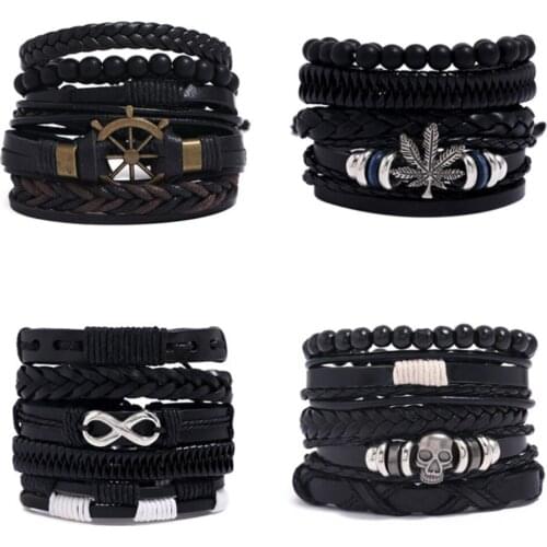 60sets/lot Rope Leather Bracelet Sets Vintage Handmade Bracelet Bangles Wrisband Retro Punk Style Mens Jewelry Wholesale