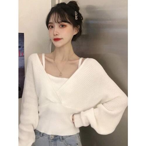 2021 new autumn Korean fashion design sense French minority waist slim faux twinset design shoulder long sleeve knitwear women