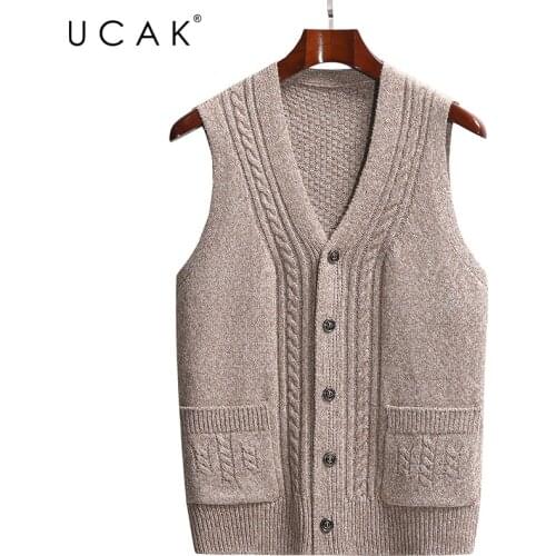 Solid Color V-Neck Vest Sweater Men Clothing UCAK Brand Classic Autumn New Streetwear Pocket Vests Pull Homme Male Clothes U1268