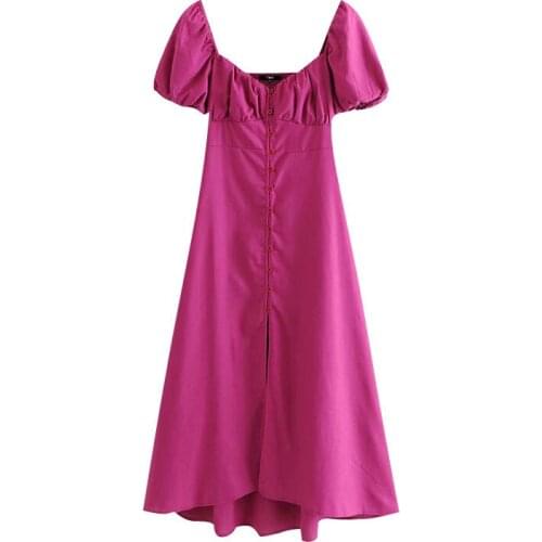 New Women Chic Fashion With Buttons Linen Midi Dress Vintage V Neck Puff Sleeve Back Elastic Female Dresses Vestidos